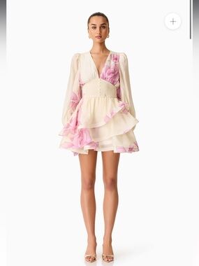 elliatt rova cream & pink floral print long sleeve ruffle mini dress size small